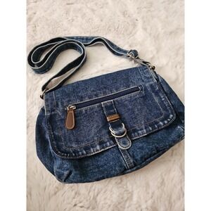 Vintage Y2K Blue Denim Shoulder Bag Crossbody Faux Leather Trim Grunge Indie